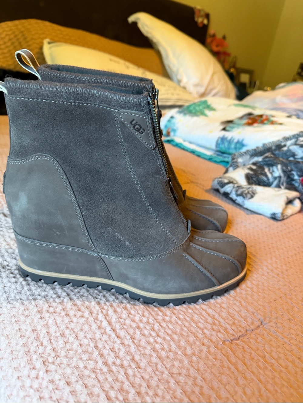 UGG Gray Suede Wedge Zip Ankle Boots